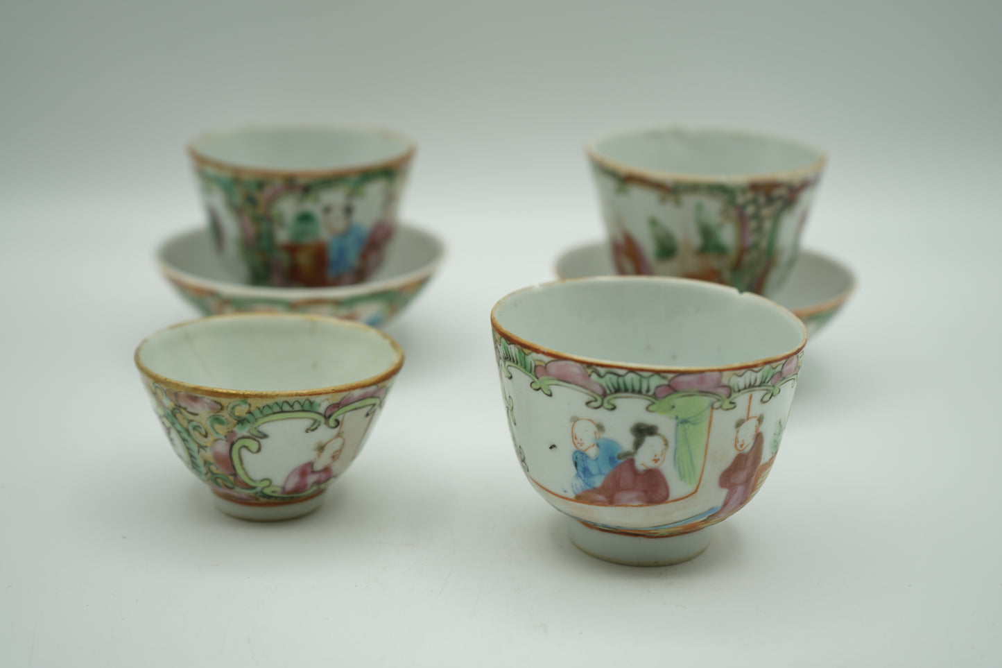 Set of 4 Famille Rose Cups with Rose-Colored Enamel/Includes 2 saucers