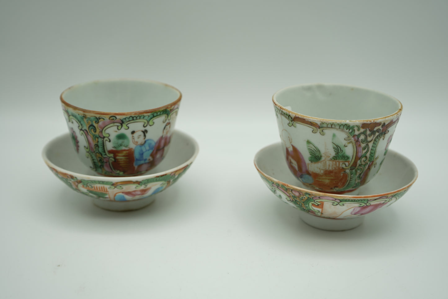 Set of 4 Famille Rose Cups with Rose-Colored Enamel/Includes 2 saucers