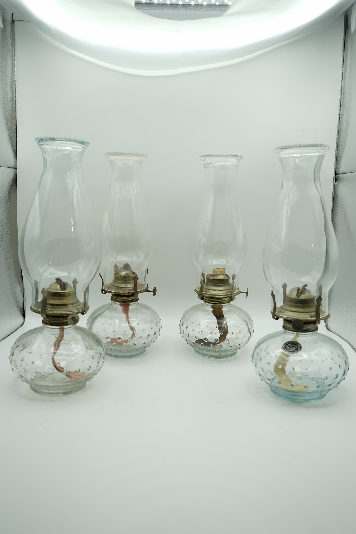 Set of 4 Antique Clear Glass Hobnail Oil Hurricane Lamps with Clear Chimneys