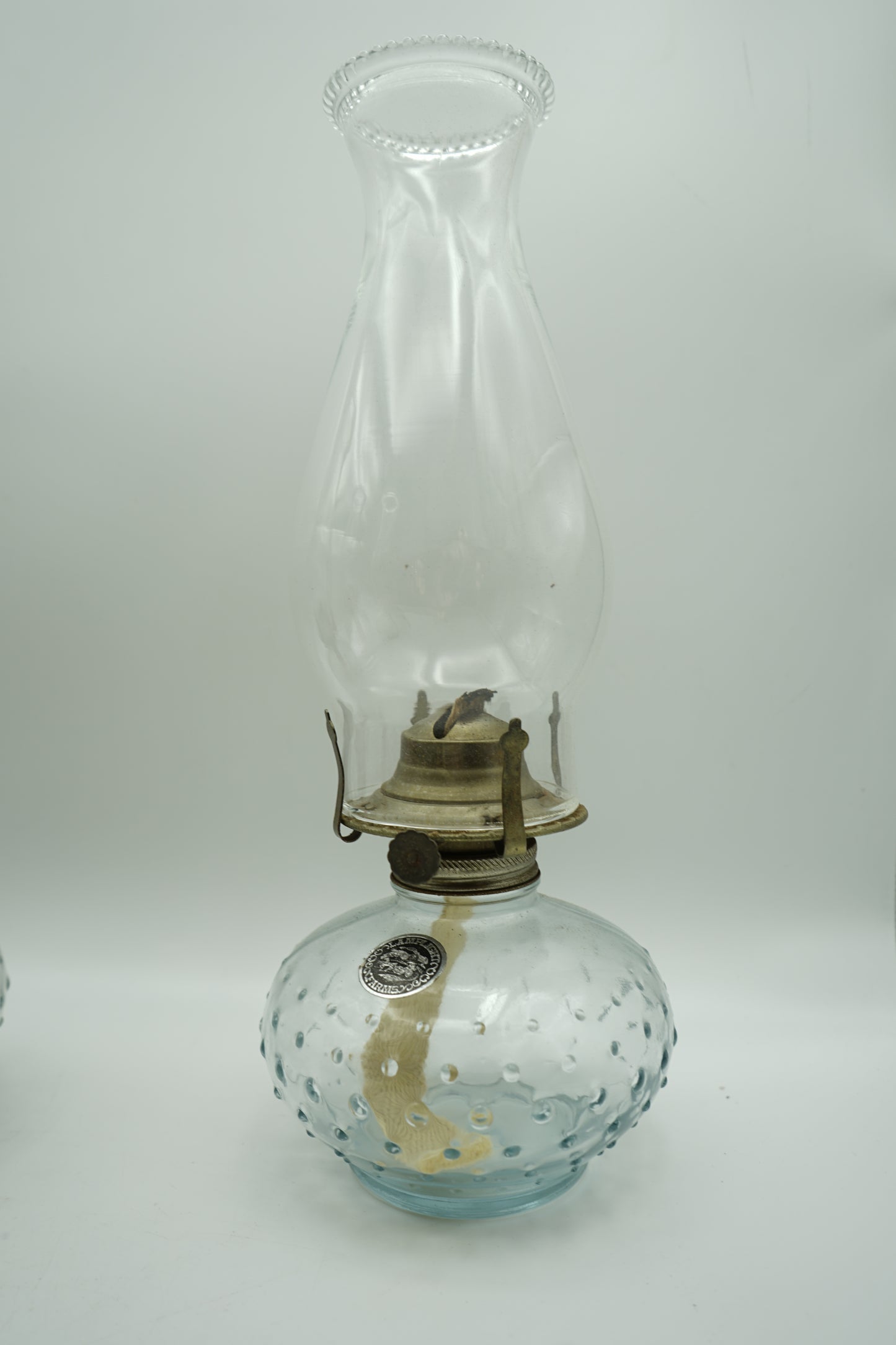 Set of 4 Antique Clear Glass Hobnail Oil Hurricane Lamps with Clear Chimneys
