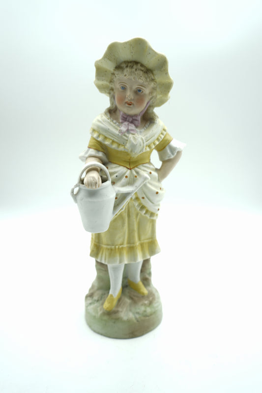 Antique Bisque German Gardener Girl with Bonnet Blue Dress & Watering Can 10.75"