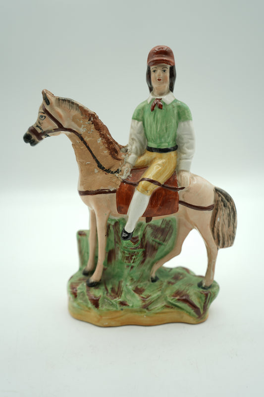 Antique Staffordshire Pottery Jockey On Horse Rare Figure