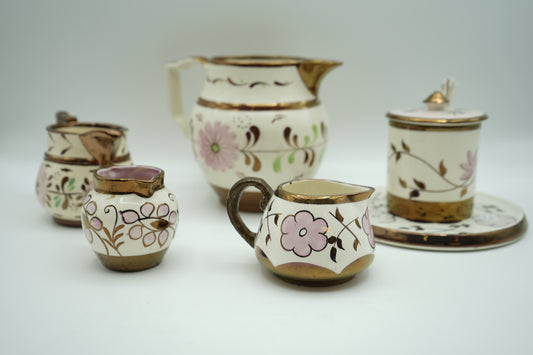 Set of Antique English Luster Featuring Floral Design and Copper Accents
