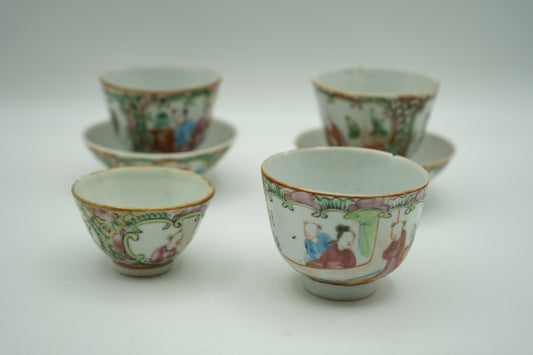 Set of 4 Famille Rose Cups with Rose-Colored Enamel/Includes 2 saucers