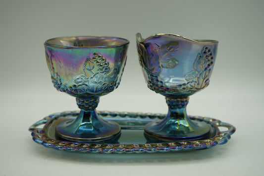 Glass Carnival Iridescent Blue Harvest Grape Tea Set/Tray Sugar Bowl and Creamer