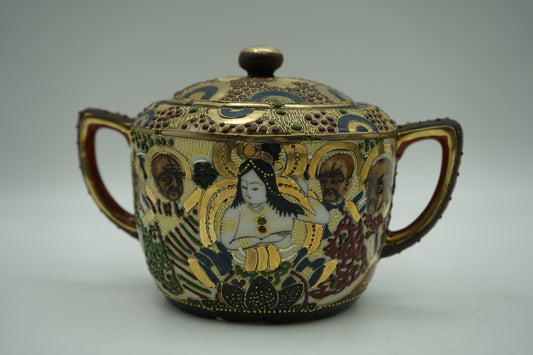 Satsuma Ware Sugar Bowl With Lid/Figural Decoration and Moriage Accents