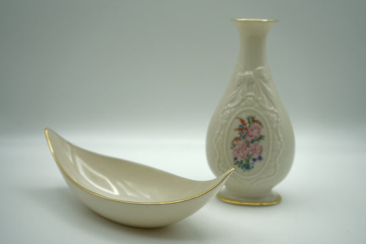 Lenox Ivory Gold Trim Gondola Oval Boat and Rose Bud Vase