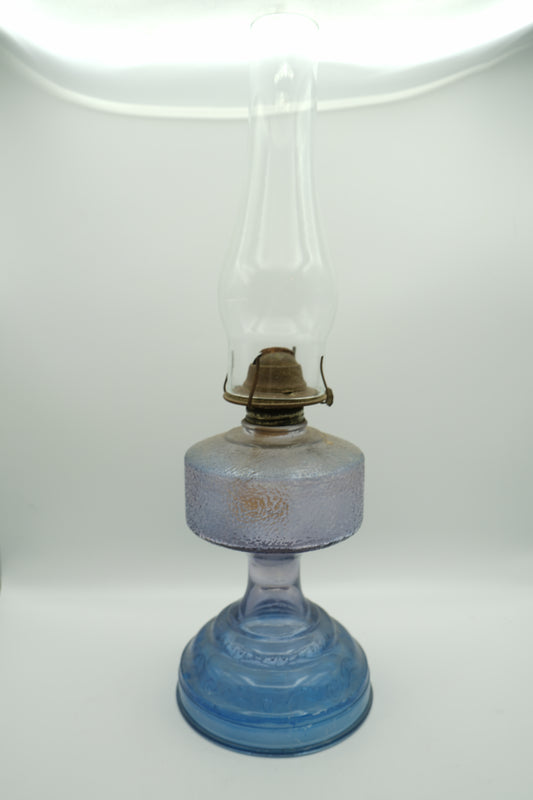Antique Blue Embossed Glass Oil Hurricane Lamp with Clear Chimney