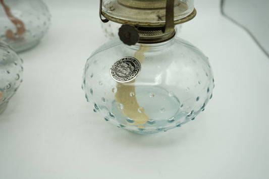Set of 4 Antique Clear Glass Hobnail Oil Hurricane Lamps with Clear Chimneys