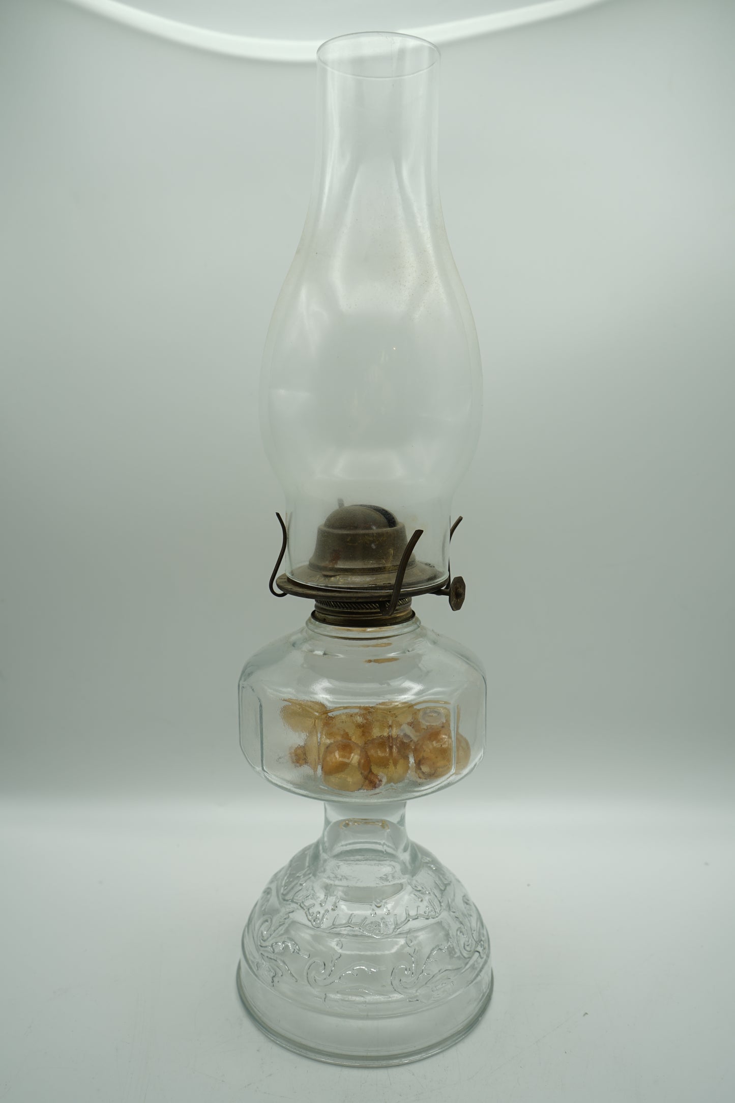 Antique Clear Hurricane Lamp with Floral Vine Pattern