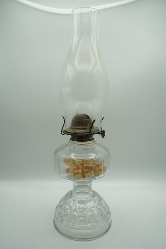 Antique Clear Hurricane Lamp with Floral Vine Pattern