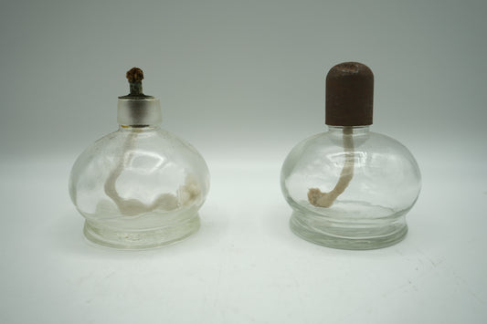 Antiqu Pair of Glass Alcohol Burners, One Missing Top