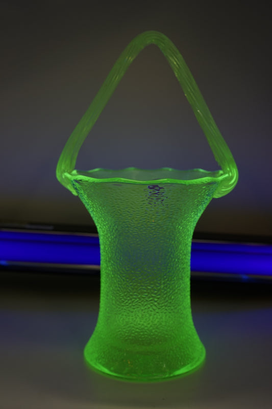 Rare 12" Uranium Vaseline Glass Basket Vase with Handle